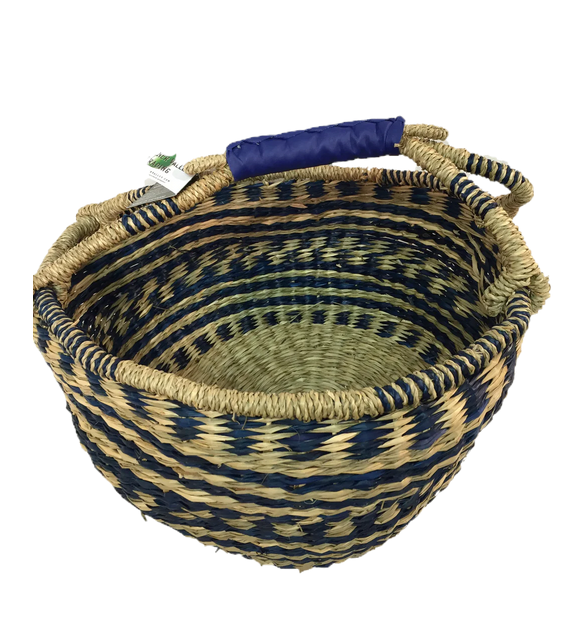Greener Valley Handwoven Seagrass Round Tote Bag, Blue Stripe Check
