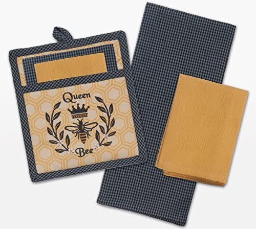 Queen Bee 3pc Gift Set (Pocket Mitt, Tea Towel, Dishcloth)
