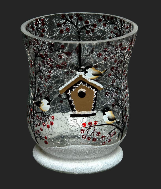 Crackle Glass Hurricane With Chickadees, 4