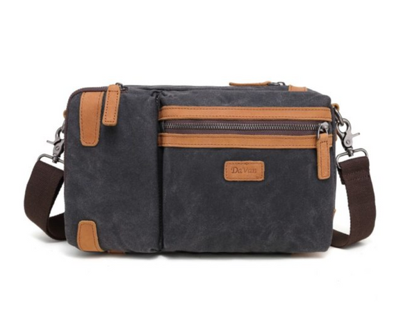 Waxed Canvas Shulder/Sling/Backpack w/Leather Trim, Black
