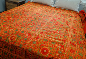 Hand Embroidered Bed Cover - Red with Green & Gold Embroidery, Queen