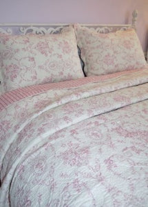 94X94" Cotton Embroidered Quilt Set Double/Queen, Pink Rose Toile