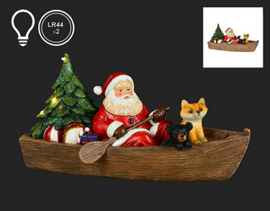 Santa in Canoe w/ Bear  & Fox, 10x5x4"