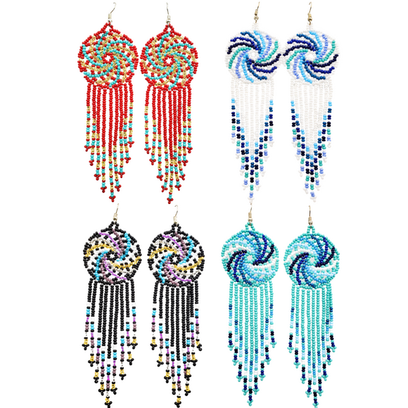Tribal Roots Pinwheel Fringe Beaded Earrings, Assorted Colours