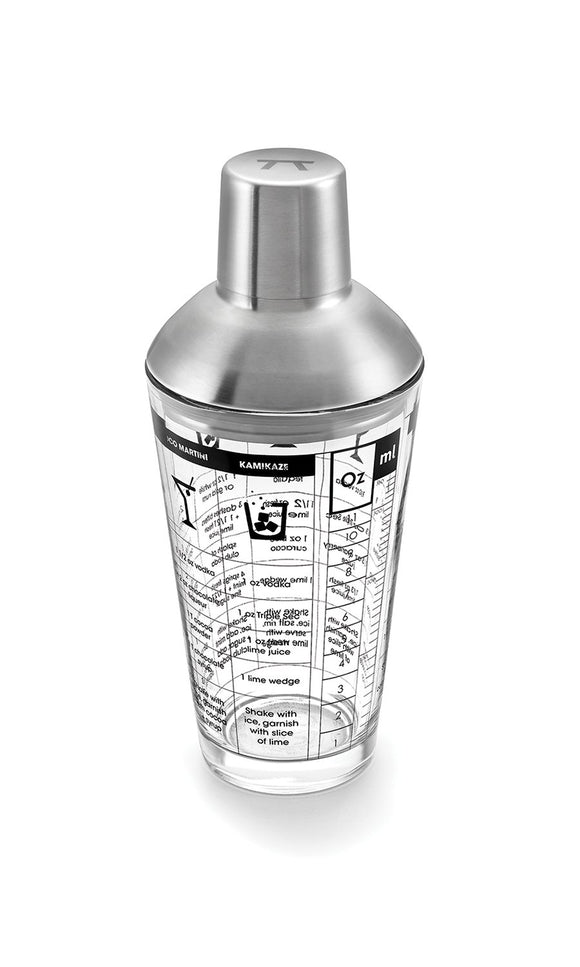 Outset Glass & Stainless Steel Cocktail Shaker w/Recipe Markings, 12oz