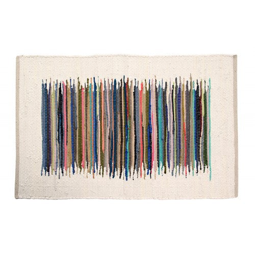 Gajmoti Chindi Rug, Ivory Colour w/Multi-Colour Inset Stripe Block 24x36