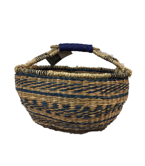Greener Valley Handwoven Seagrass Round Tote Bag, Blue Check Stripe