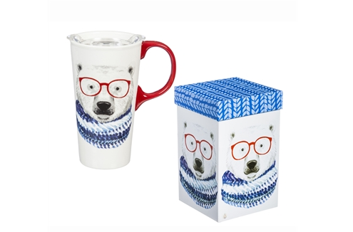 Ceramic Travel Cup w/Tritan Lid & Gift Box, 17oz Polar Bear in Knitted Scarf