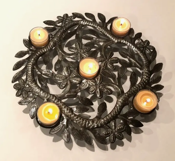 Dandarah Candle Centerpiece w/Upcycled Metal, Turning Leaves