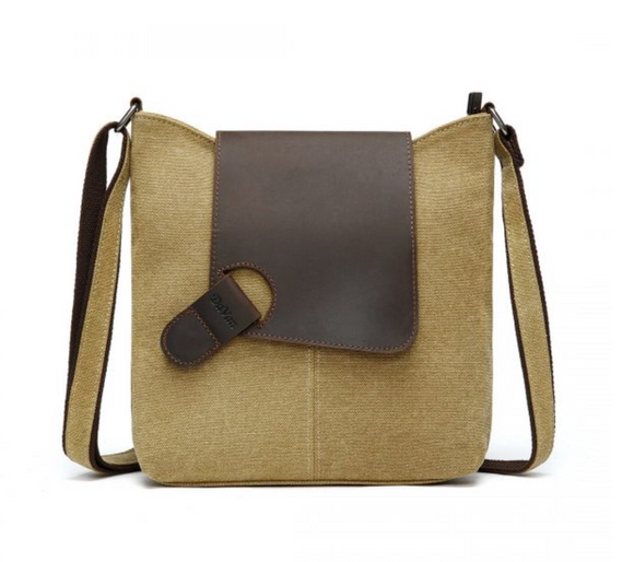 Davan Canvas Shoulder Bag w/ Leather Abstract Flap - Mustard
