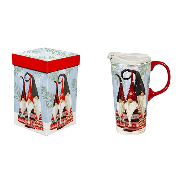 Ceramic Travel Cup w/Tritan Lid & Gift Box, 17oz Winter Gnomes
