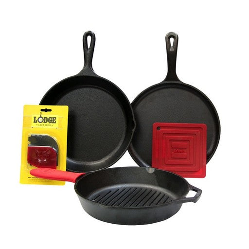 Lodge 6 Piece Set (1Skillet, 1Grill Pan, 1 Griddle +3 Accessories)
