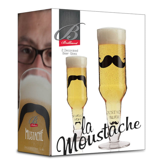 Beer Bottle Glasses w/Moustache, Set of 2