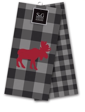 Northern Animals Embroidered Tea Towel Set - Moose, Grey/Black