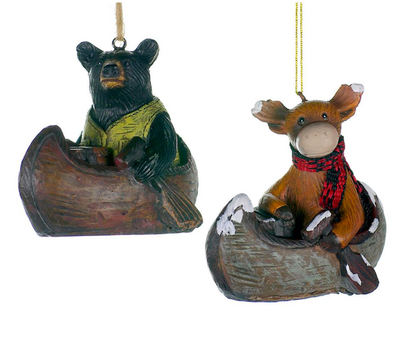 Bear/Moose in Canoe Ornament, Assorted