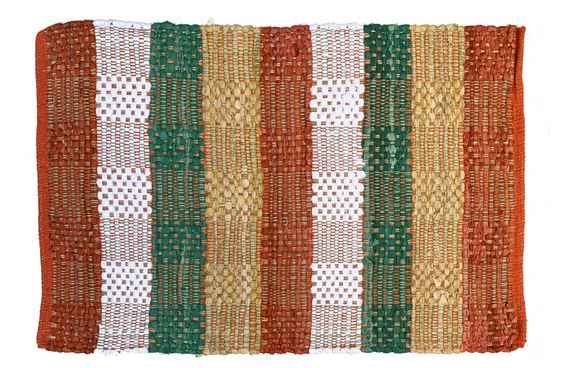 Gajmoti Wide-Stripe Chindi Rug, Rust, Green & Cream 24x36