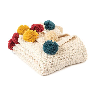 Circus Pom Pom Knitted Throw, Cream 50x60"