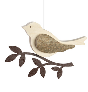Little Wooden Bird On Branch Ornament, 5cm