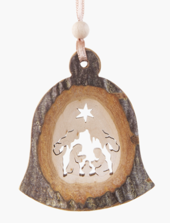 Bark Bell-Shaped Ornament, Nativity Scene